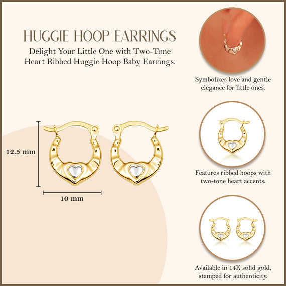 14K Two-Tone Gold Heart Ribbed Huggie Hoop Baby Earrings