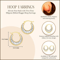 14K Two-Tone Gold Milgrain Ribbed Huggie Hoop Earrings