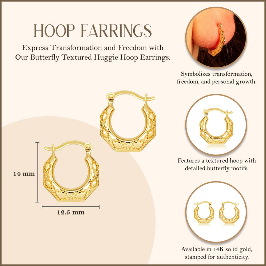 Yellow Gold Butterfly Textured Huggie Hoop Earrings