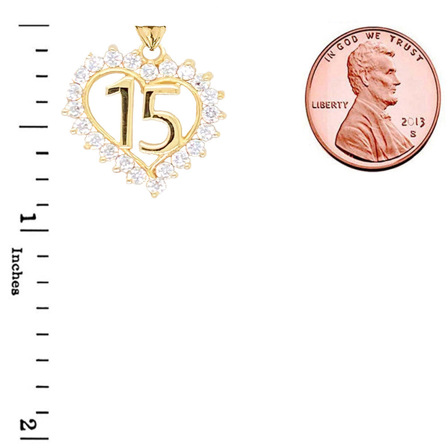Gold Studded Cubic Zirconia Heart 15 Años Quinceañera Pendant Necklace (Available in Yellow/Rose/White Gold)