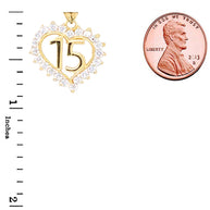 Gold Studded Cubic Zirconia Heart 15 Años Quinceañera Pendant Necklace (Available in Yellow/Rose/White Gold)