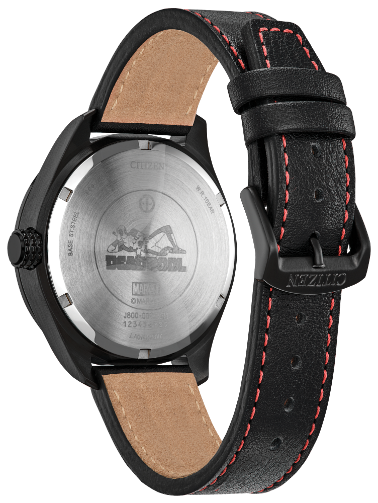 Citizen AW0145-02W Eco-Drive Marvel Here Comes Deadpool Black Leather Strap Men's Watch