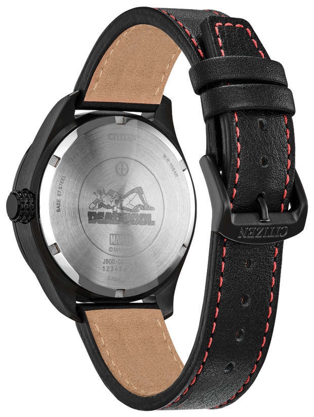 Citizen AW0145-02W Eco-Drive Marvel Here Comes Deadpool Black Leather Strap Men's Watch