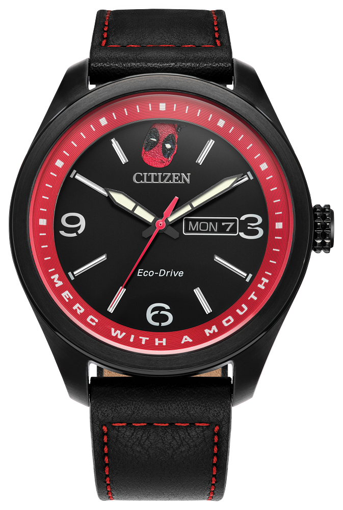 Citizen AW0145-02W Eco-Drive Marvel Here Comes Deadpool Black Leather Strap Men's Watch
