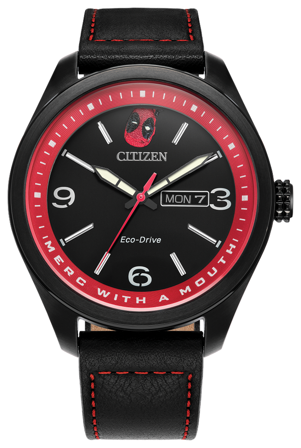 Citizen AW0145-02W Eco-Drive Marvel Here Comes Deadpool Black Leather Strap Men's Watch