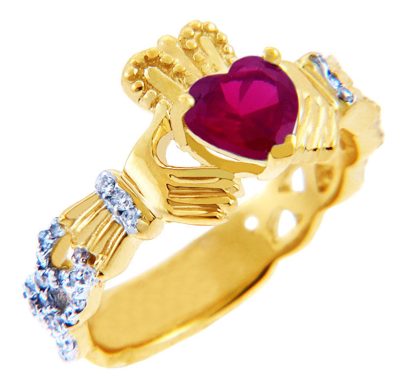 Gold Diamond Claddagh Ring 0.40 Carats with Gemstone