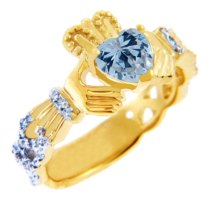 Gold Diamond Claddagh Ring 0.40 Carats with Gemstone