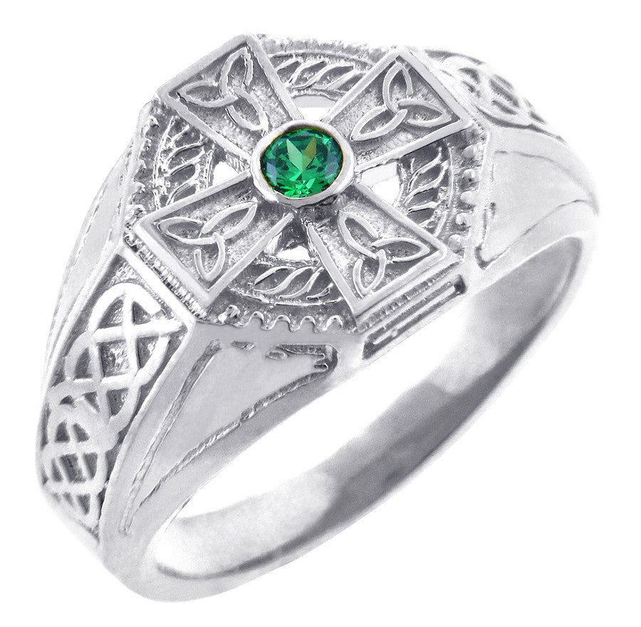Men's Celtic Band- Silver Celtic Ring Mens with Emerald