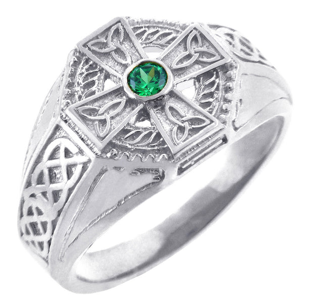 Men's Celtic Band- Silver Celtic Ring Mens with Emerald