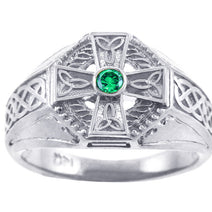 Men's Celtic Band- Silver Celtic Ring Mens with Emerald