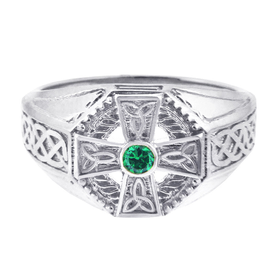 Men's Celtic Band- Silver Celtic Ring Mens with Emerald