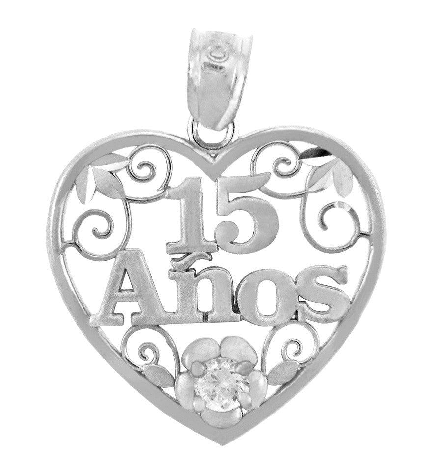 .925 Sterling Silver 15 Años Quinceañera Heart Flower Cubic Zirconia Pendant Necklace