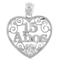 .925 Sterling Silver 15 Años Quinceañera Heart Flower Cubic Zirconia Pendant Necklace