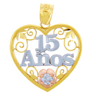 Tri-Color Gold 15 Años Quinceañera Heart Flower Cubic Zirconia Pendant Necklace