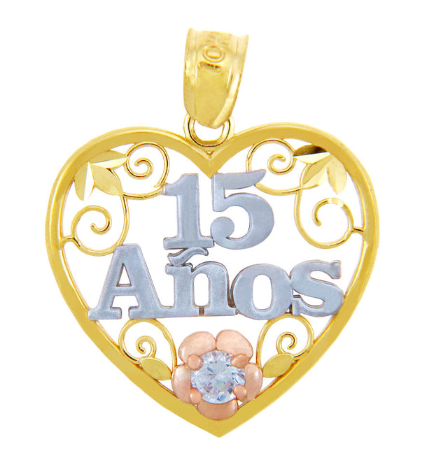 Tri-Color Gold 15 Años Quinceañera Heart Flower Cubic Zirconia Pendant Necklace