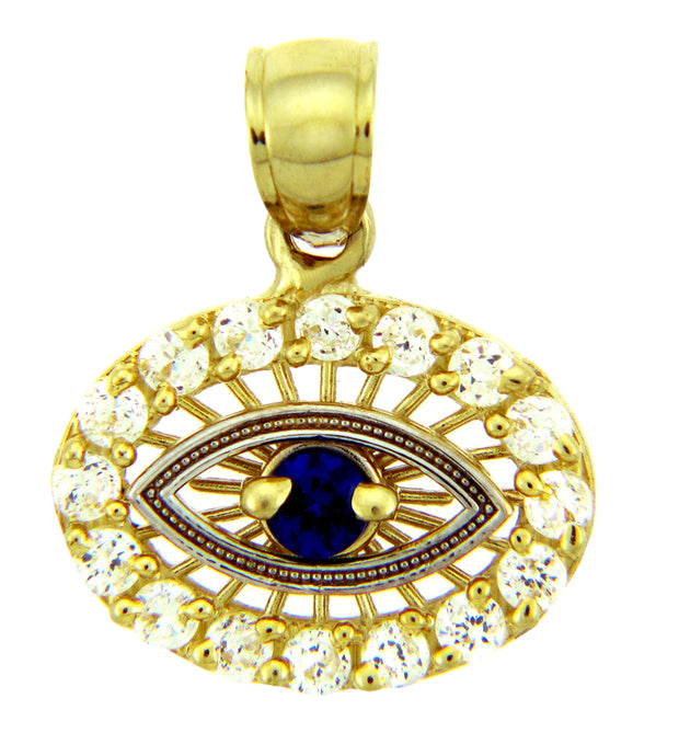 Gold Pendant - Sapphire Evil Eye With CZ in Two Tone Gold