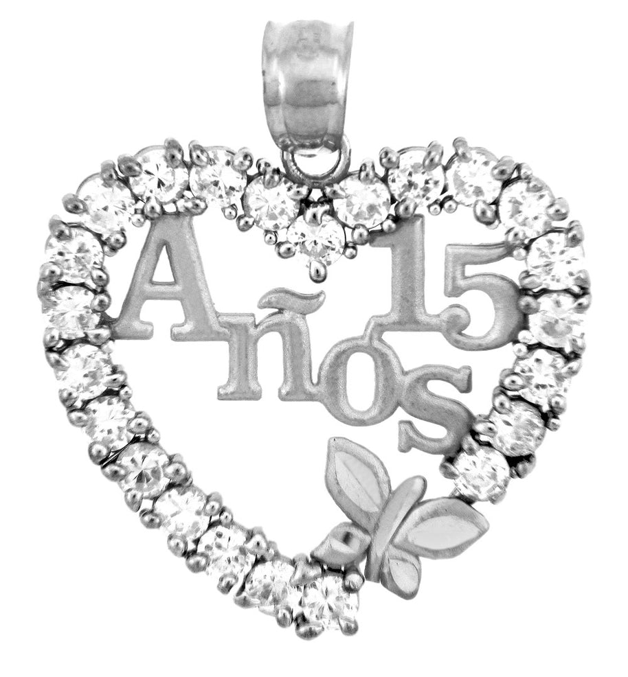 .925 Sterling Silver Sweet Cubic Zirconia Heart 15 Años Butterfly Quinceañera Pendant Necklace