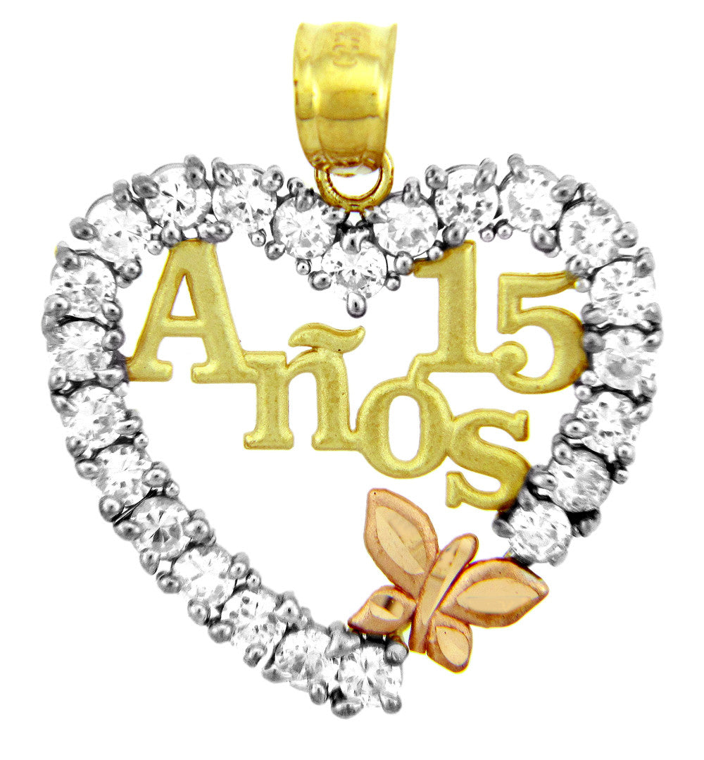 Tri-Color Gold Cubic Zirconia Heart 15 Años Butterfly Quinceañera Pendant Necklace
