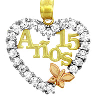 Tri-Color Gold Cubic Zirconia Heart 15 Años Butterfly Quinceañera Pendant Necklace