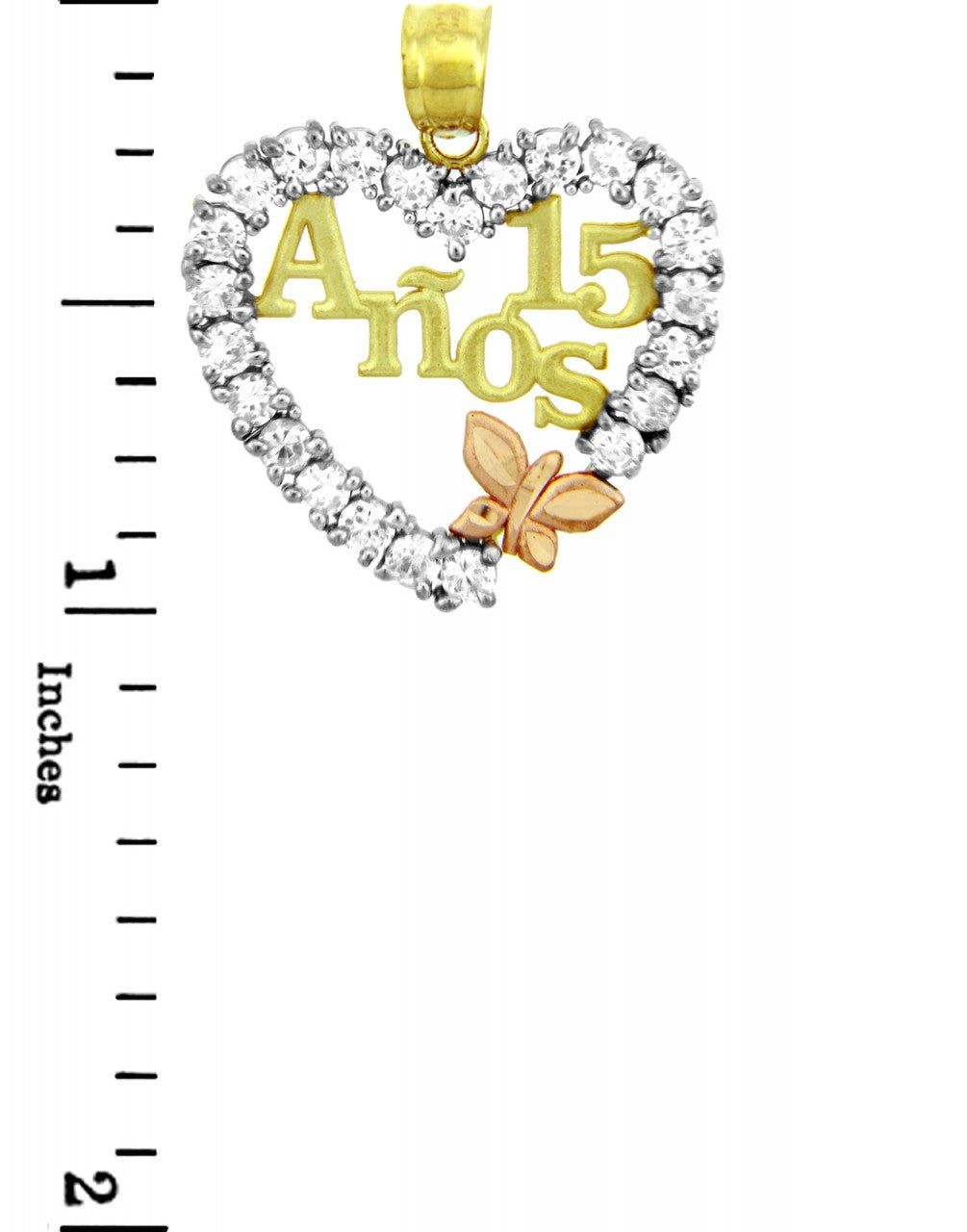Tri-Color Gold Cubic Zirconia Heart 15 Años Butterfly Quinceañera Pendant Necklace