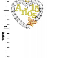 Tri-Color Gold Cubic Zirconia Heart 15 Años Butterfly Quinceañera Pendant Necklace