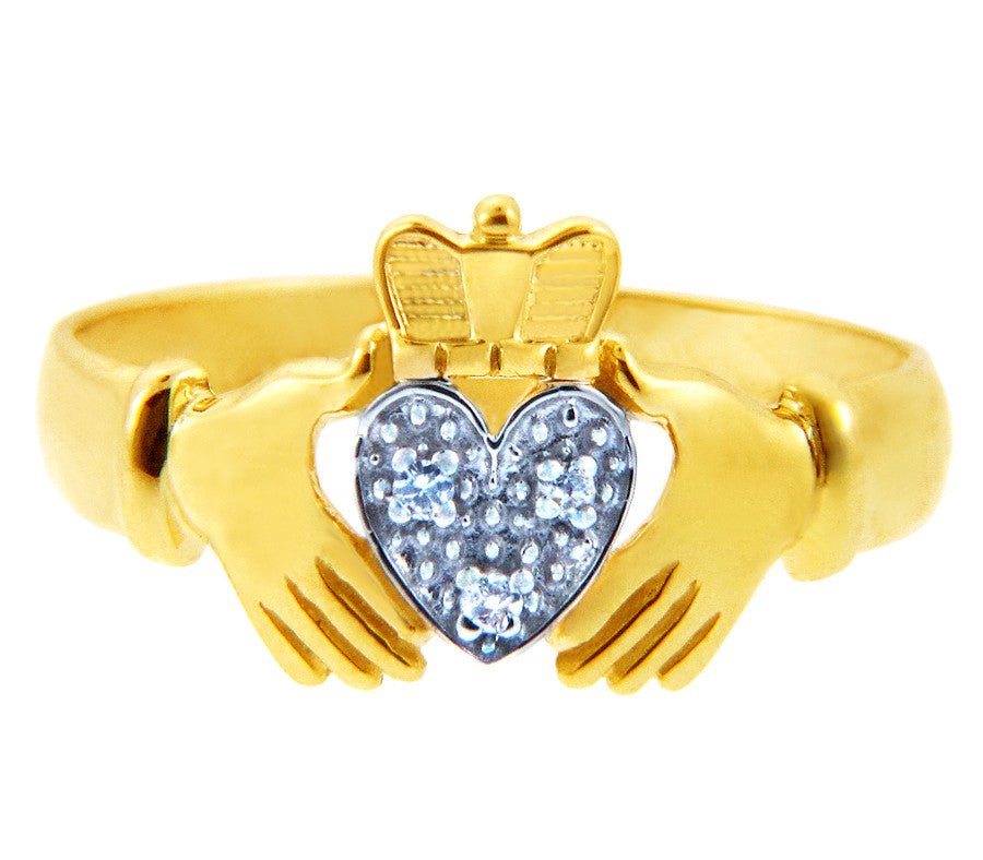 Gold Claddagh Rings - The White Heart Two Tone Gold Claddagh Ring with Diamonds
