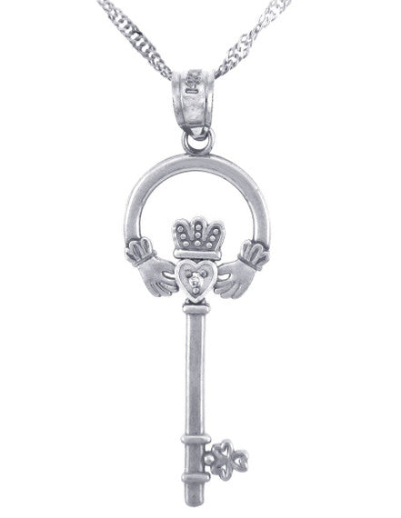 Silver Claddagh Key Pendant with CZ