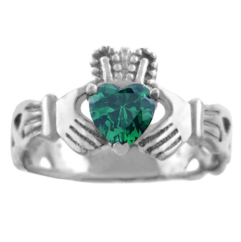 Silver Claddagh Trinity Band with Birthstone CZ Heart Rings