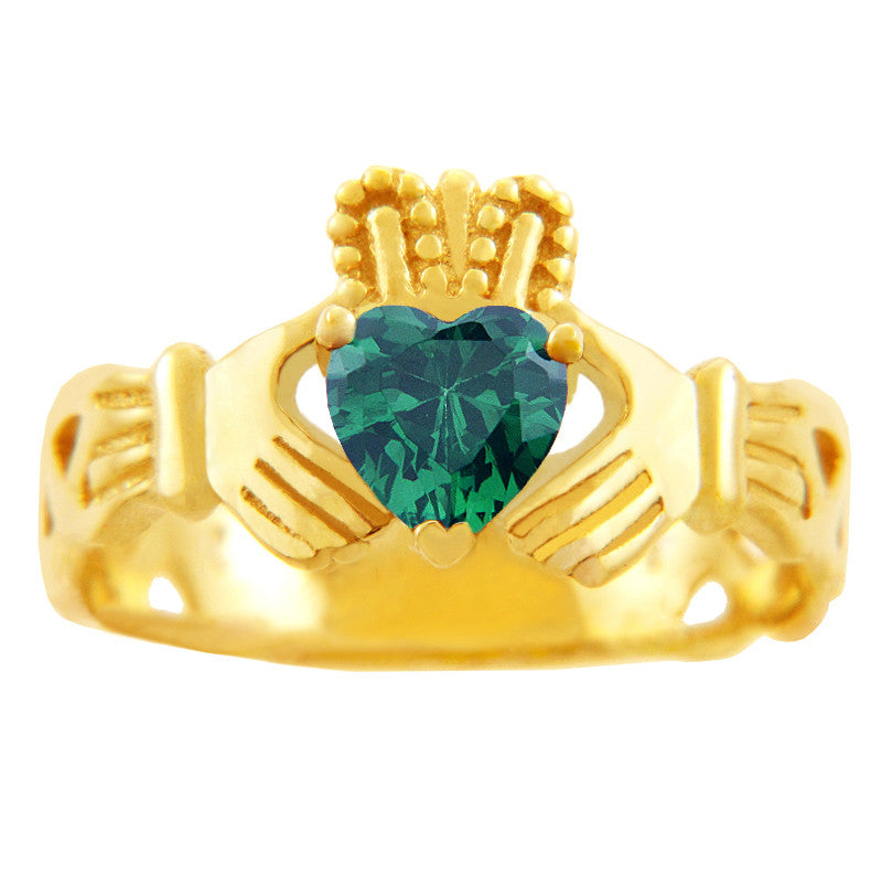 Gold Claddagh Trinity Band with Emerald Green CZ Heart