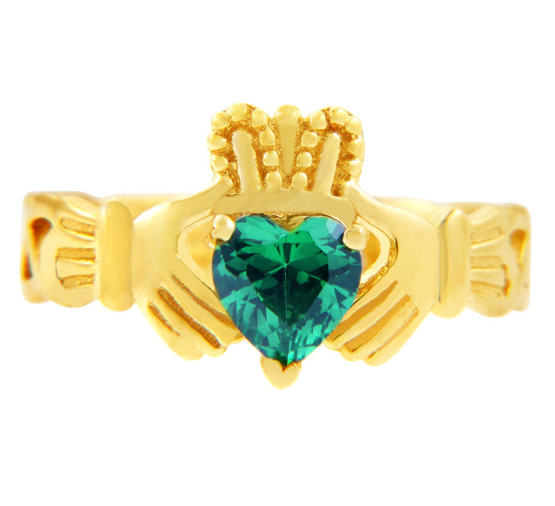 Gold Claddagh Trinity Band with Emerald Green CZ Heart