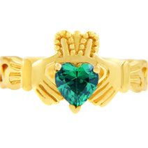 Gold Claddagh Trinity Band with Emerald Green CZ Heart