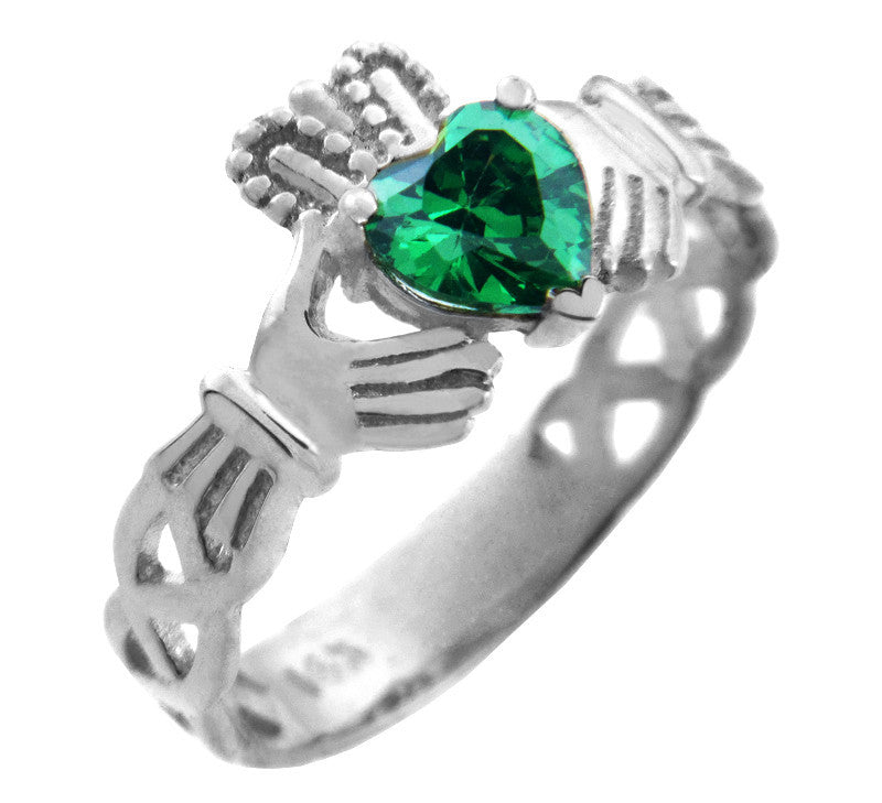 Silver Claddagh Trinity Band with Birthstone CZ Heart Rings