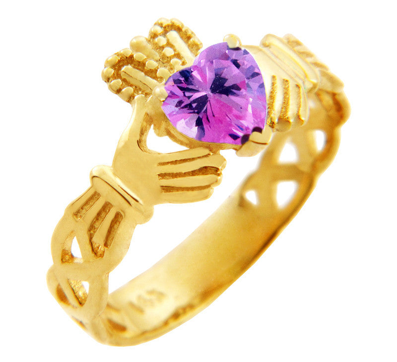 Gold Claddagh Trinity Band Birthstone Heart Ring (Available In Yellow/White Gold)