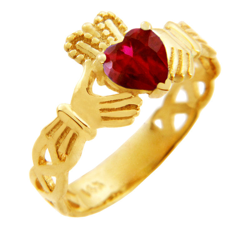 Gold Claddagh Trinity Band with Ruby Red CZ Heart
