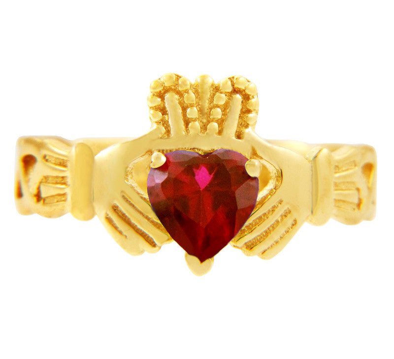 Gold Claddagh Trinity Band with Ruby Red CZ Heart