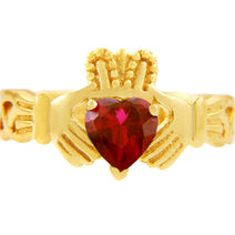 Gold Claddagh Trinity Band with Ruby Red CZ Heart