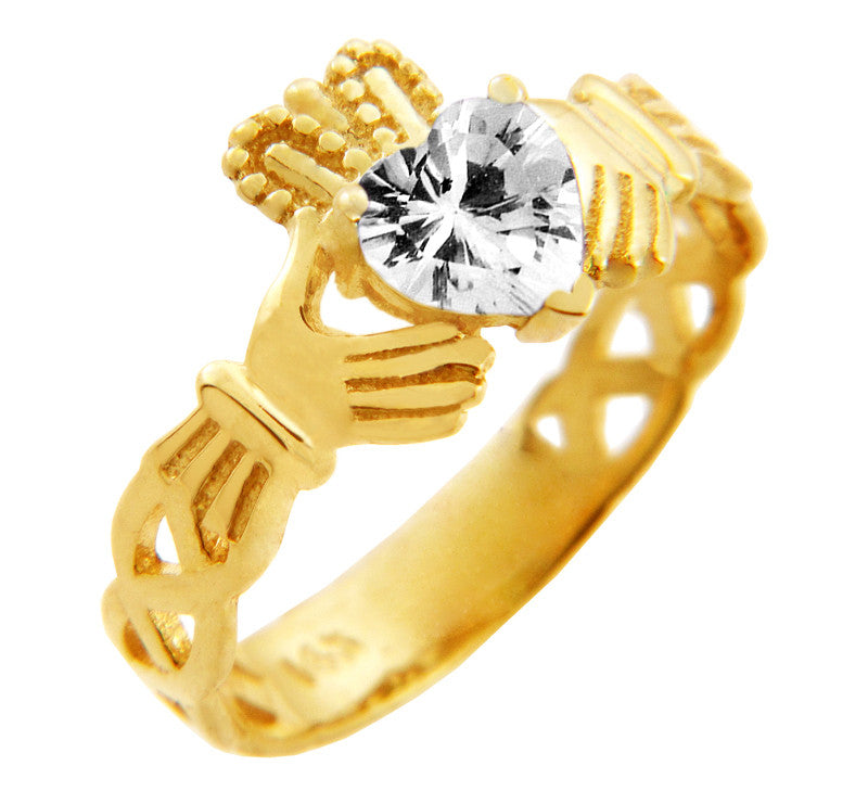 Gold Claddagh Trinity Band Birthstone Heart Ring (Available In Yellow/White Gold)