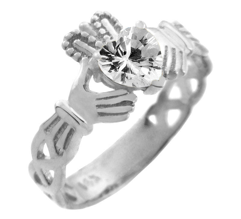 Silver Claddagh Trinity Band with Birthstone CZ Heart Rings