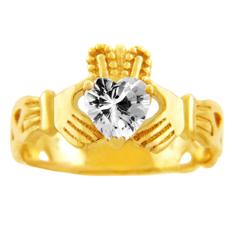 Gold Claddagh Trinity Band Birthstone Heart Ring (Available In Yellow/White Gold)