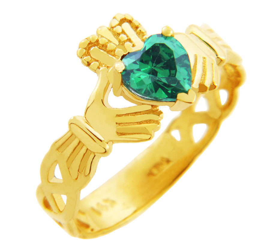 Gold Claddagh Trinity Band with Emerald Green CZ Heart