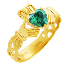 Gold Claddagh Trinity Band with Emerald Green CZ Heart