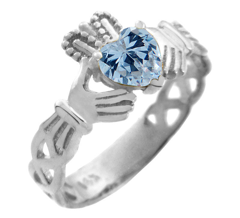 Silver Claddagh Trinity Band with Birthstone CZ Heart Rings