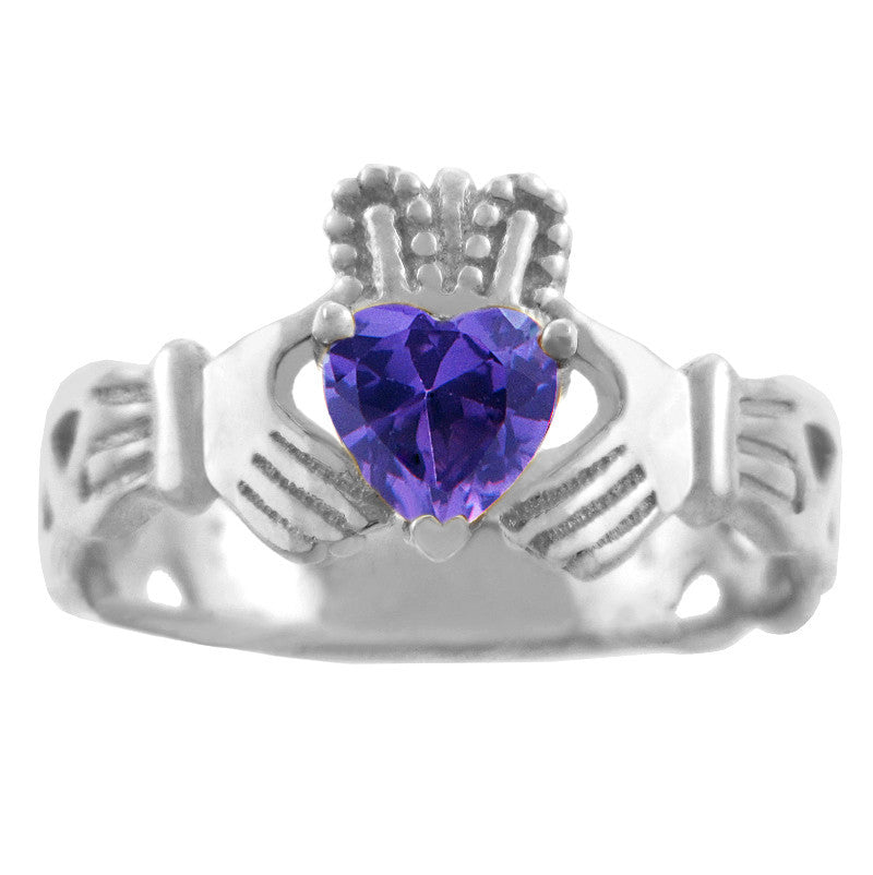 Silver Claddagh Trinity Band with Birthstone CZ Heart Rings
