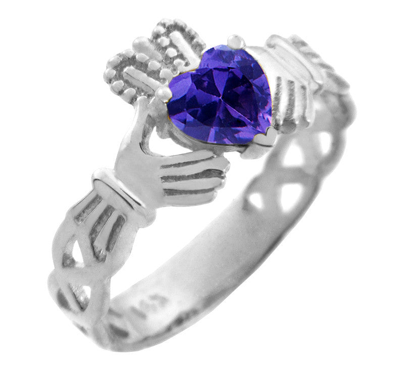 Silver Claddagh Trinity Band with Birthstone CZ Heart Rings