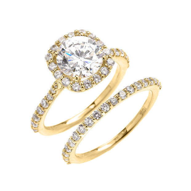 Gold 3 Carat Cubic Zirconia Halo Engagement Band Ring Set (Available in Yellow Gold, Rose Gold, White Gold)