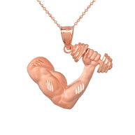 Gold Bodybuilder Gym Weightlifting Pendant Necklace (Available in Yellow/Rose/White Gold)