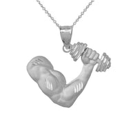 .925 Sterling Silver Bodybuilder Gym Weightlifting Pendant Necklace