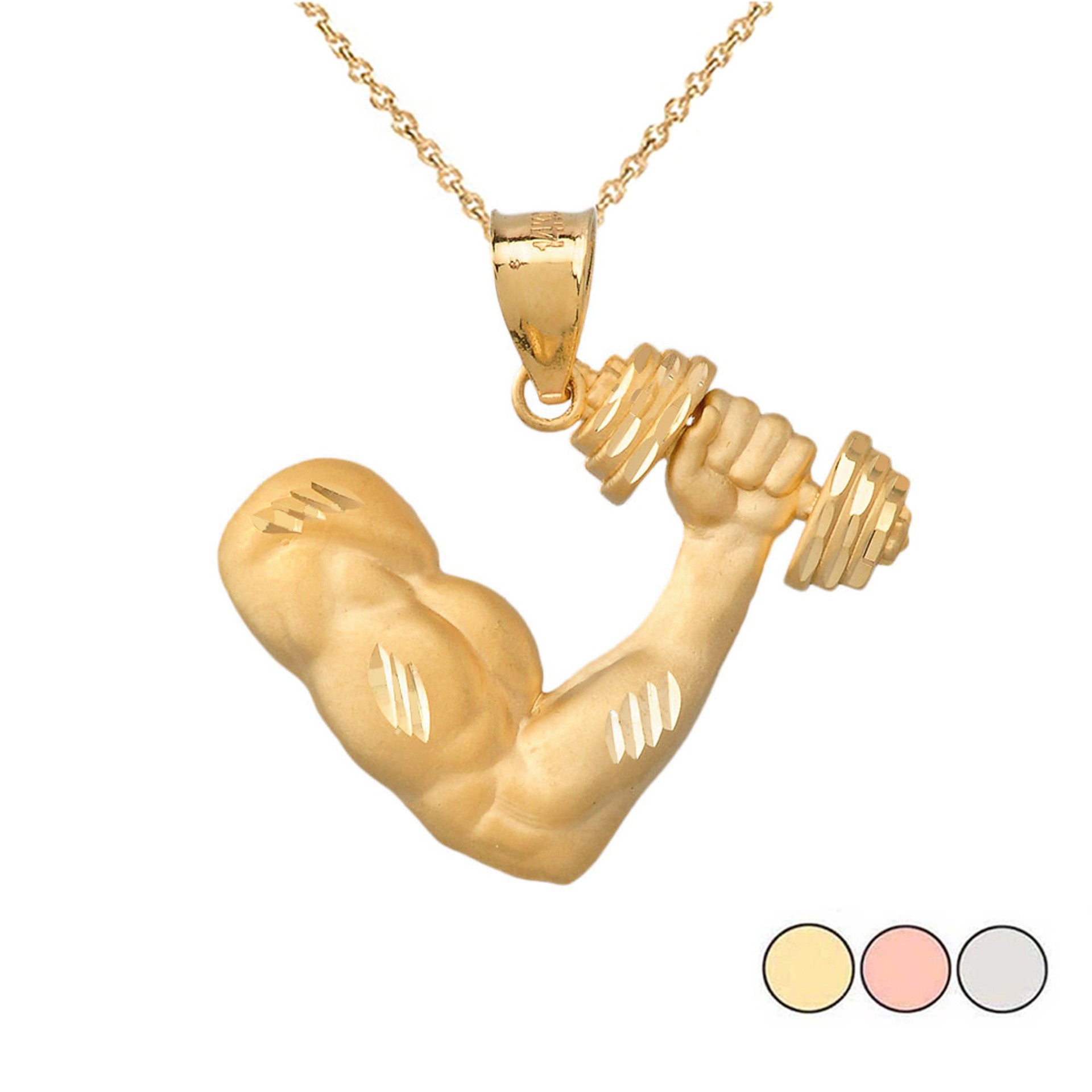 Gold Bodybuilder Gym Weightlifting Pendant Necklace (Available in Yellow/Rose/White Gold)