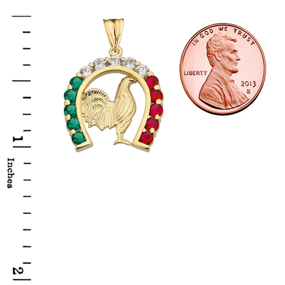 Solid Gold Mexican Horseshoe with Rooster Pendant Necklace (Available In Yellow/Rose/White Gold)