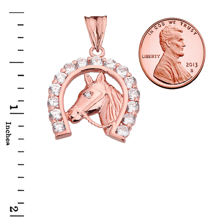 Solid Gold Lucky Horseshoe Statement Pendant Necklace With Cubic Zirconia (Available in Yellow/Rose/White Gold)